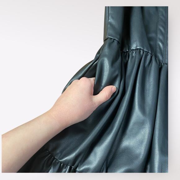 Fate Black Faux Leather Ruffled Tiered Mini Dress Size S Moto Boho Goth - Picture 5 of 10